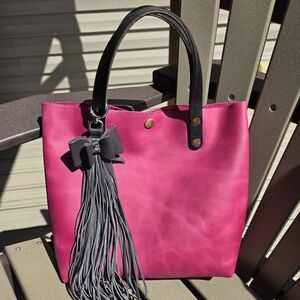 KMM Small Tote, Pink With Black. Includes Bow/tassel.